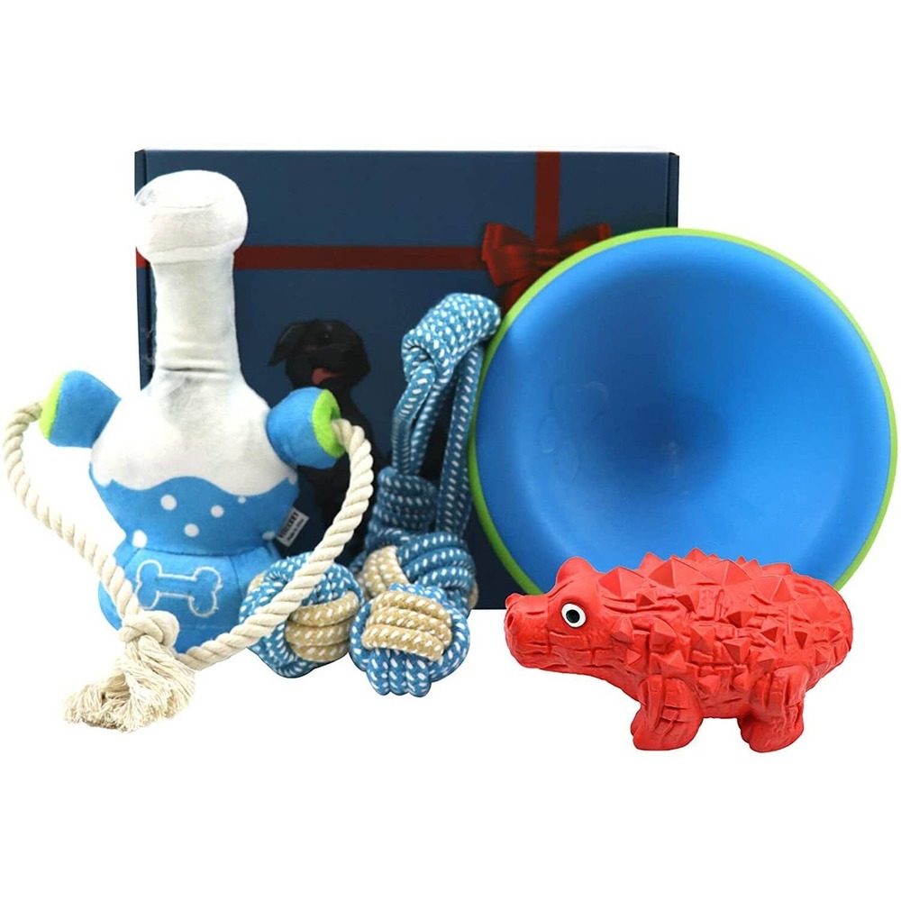 Interactive Dog Toy Set, Plush Squeaky Dog Toy with Movable Cotton Cope, Rubber